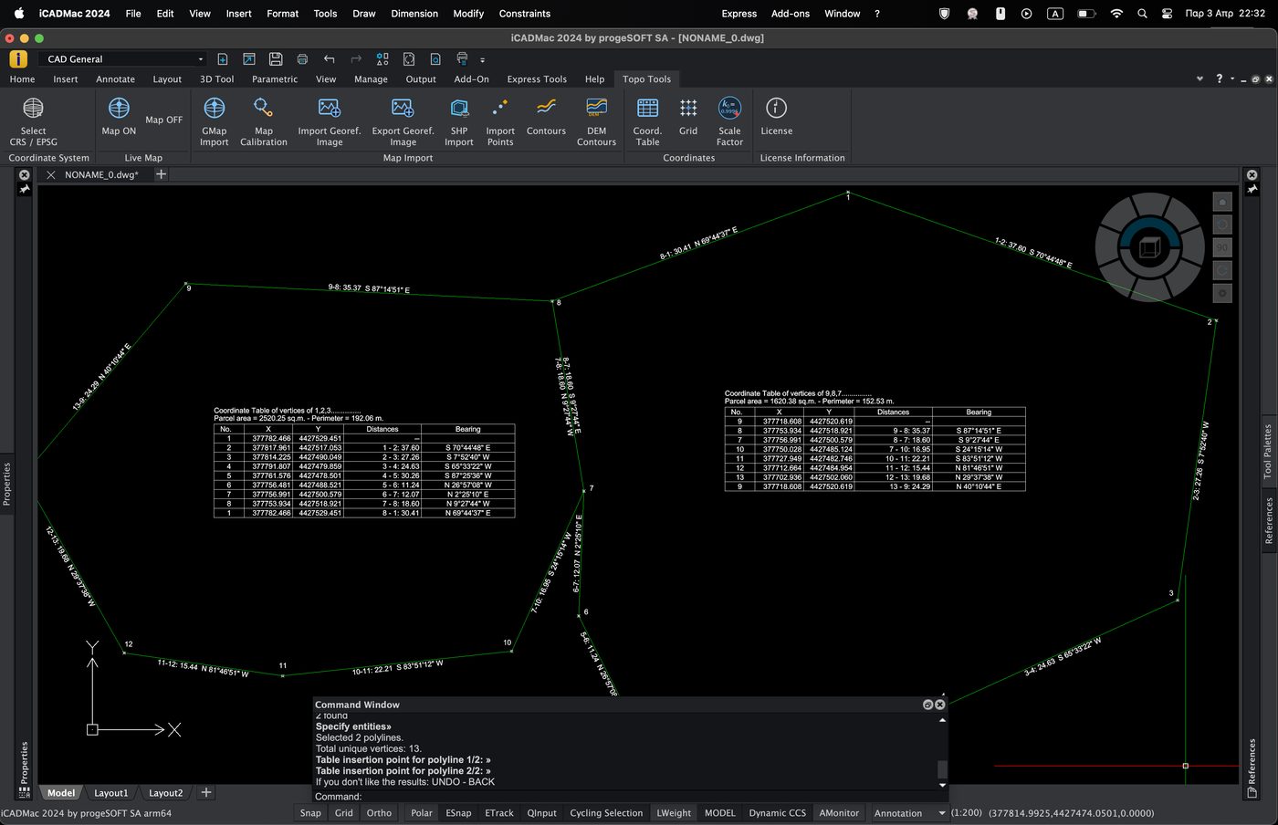 Cadastral plot coordinate table with area and perimeter — deed survey and parcel mapping on macOS